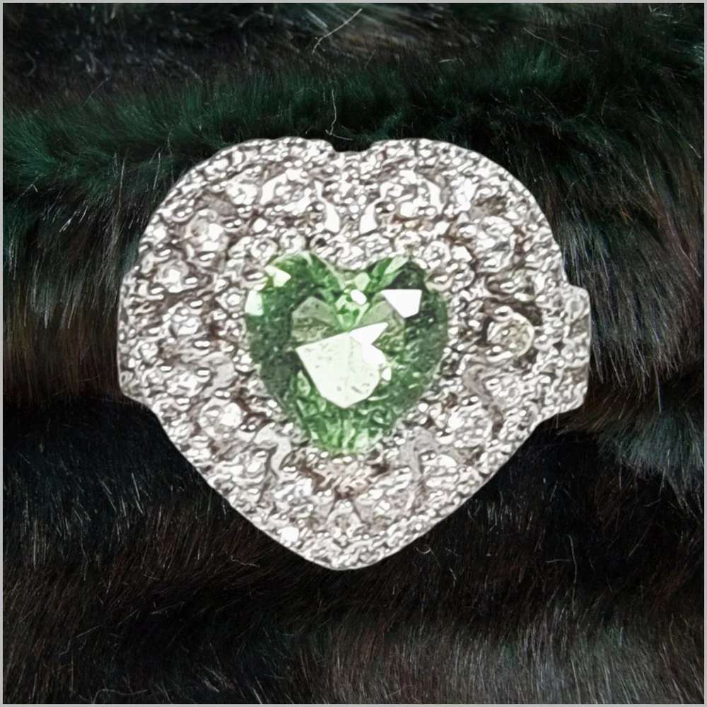 Heart Shaped Trillion Cuf Natural Peridot & White Topaz Halo Silver Ring Size 8.